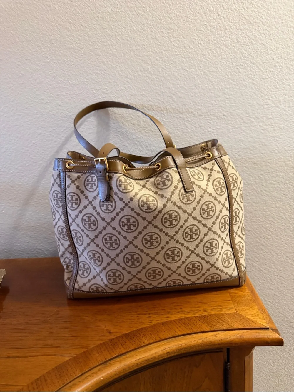 Tory Burch Beige T Monogram Jacquard Tote with Taupe Trim